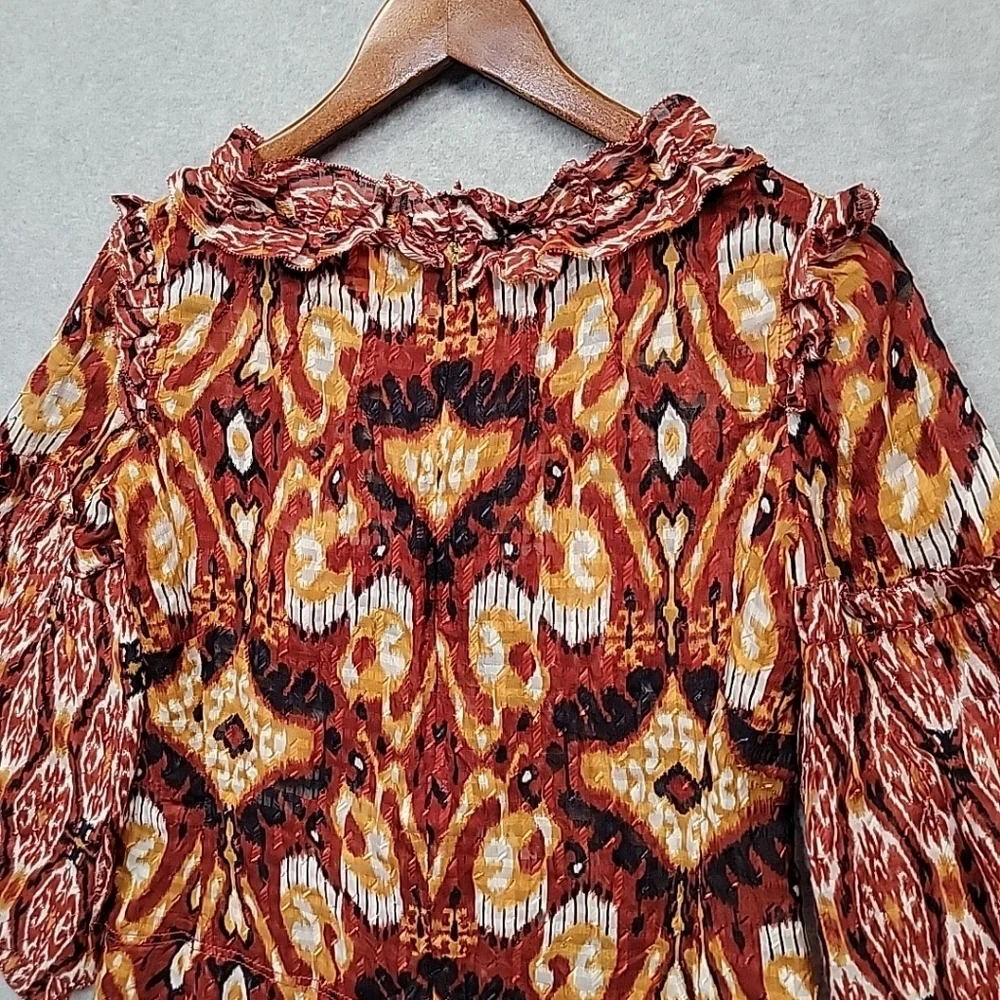 Tory Burch Silk Ikat Boho Blouse Size 6 Ruffle Peasant Flared Sleeve Layered Top